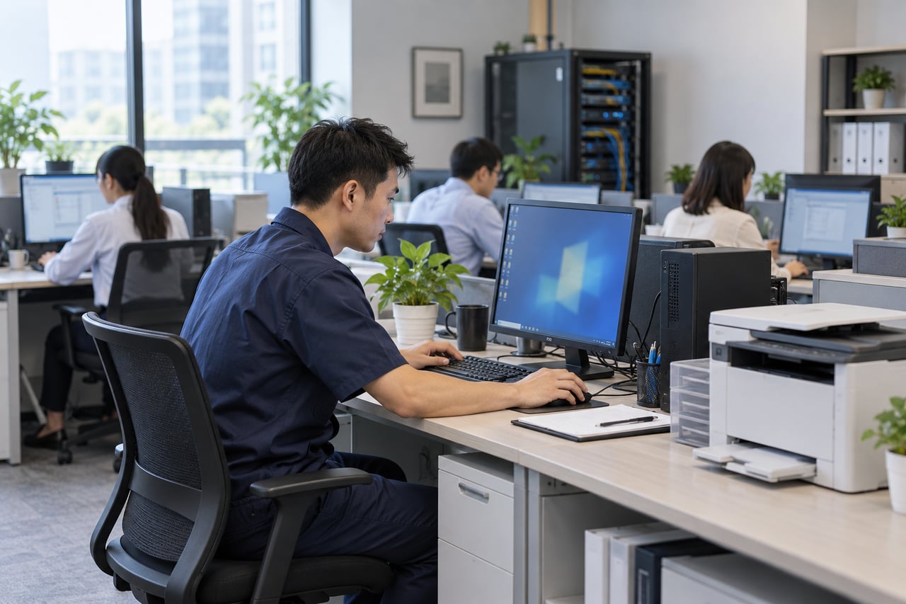 技术人员在办公室检查电脑，附近放置打印机的工作场景